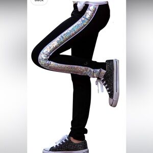 Black Kids Bottoms with Silver Sequin Stripe